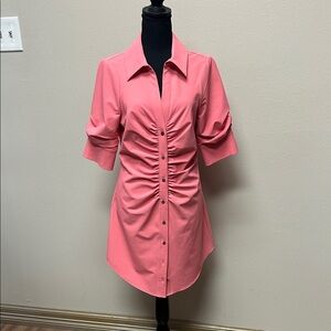 cinq a sept Coral-Pink Ruched Button-Front Mini Dress